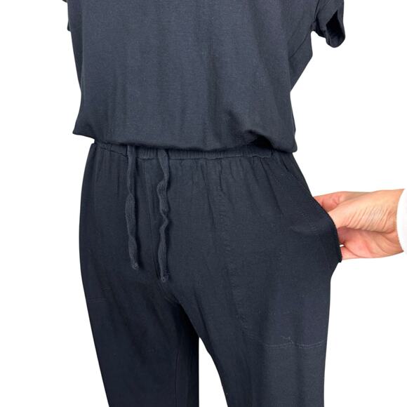 Splendid Flora Soft Black Knit Short Sleeve Elastic Waist Jogger Jumpsuit Lounge - Picture 10 of 14